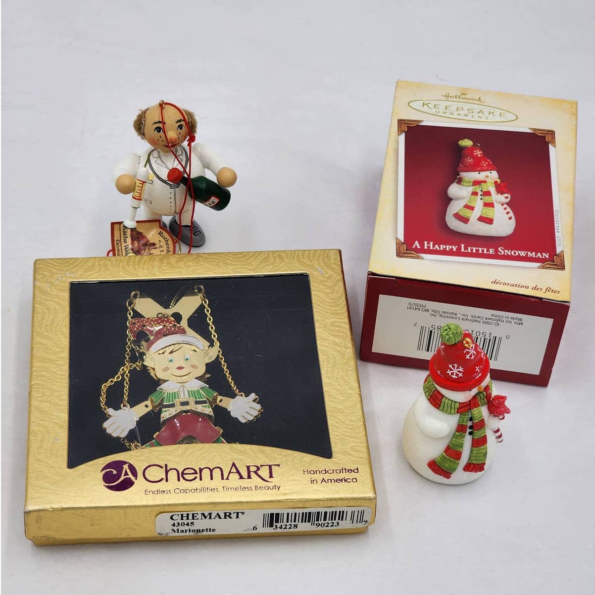 Christmas Tree Decorations Kathe Wohlfahrt German, Hallmark Snowman, Chemart Elf