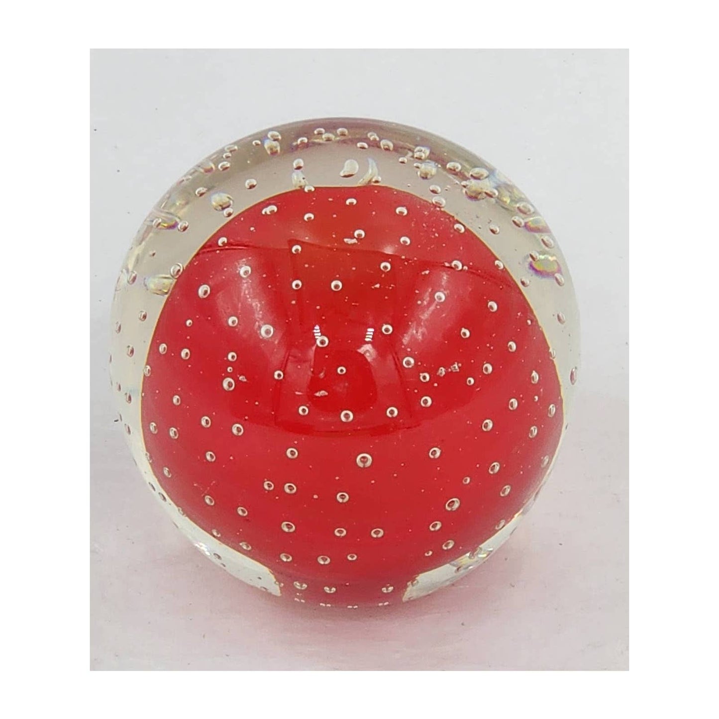 Paperweight Glass Vintage Art Glass Clear Red Bubble Design Controlled Bubble 2"