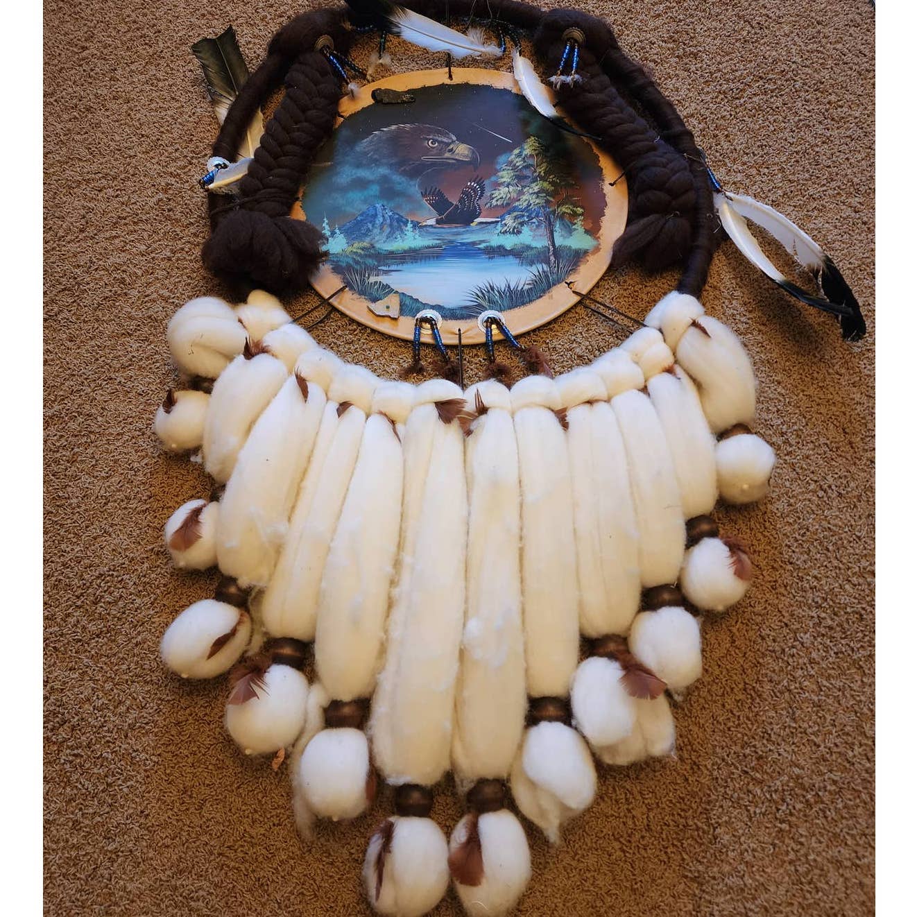 Large Native American Style Dream Catcher 47" Signed Feathers Wool Beaded Eagle