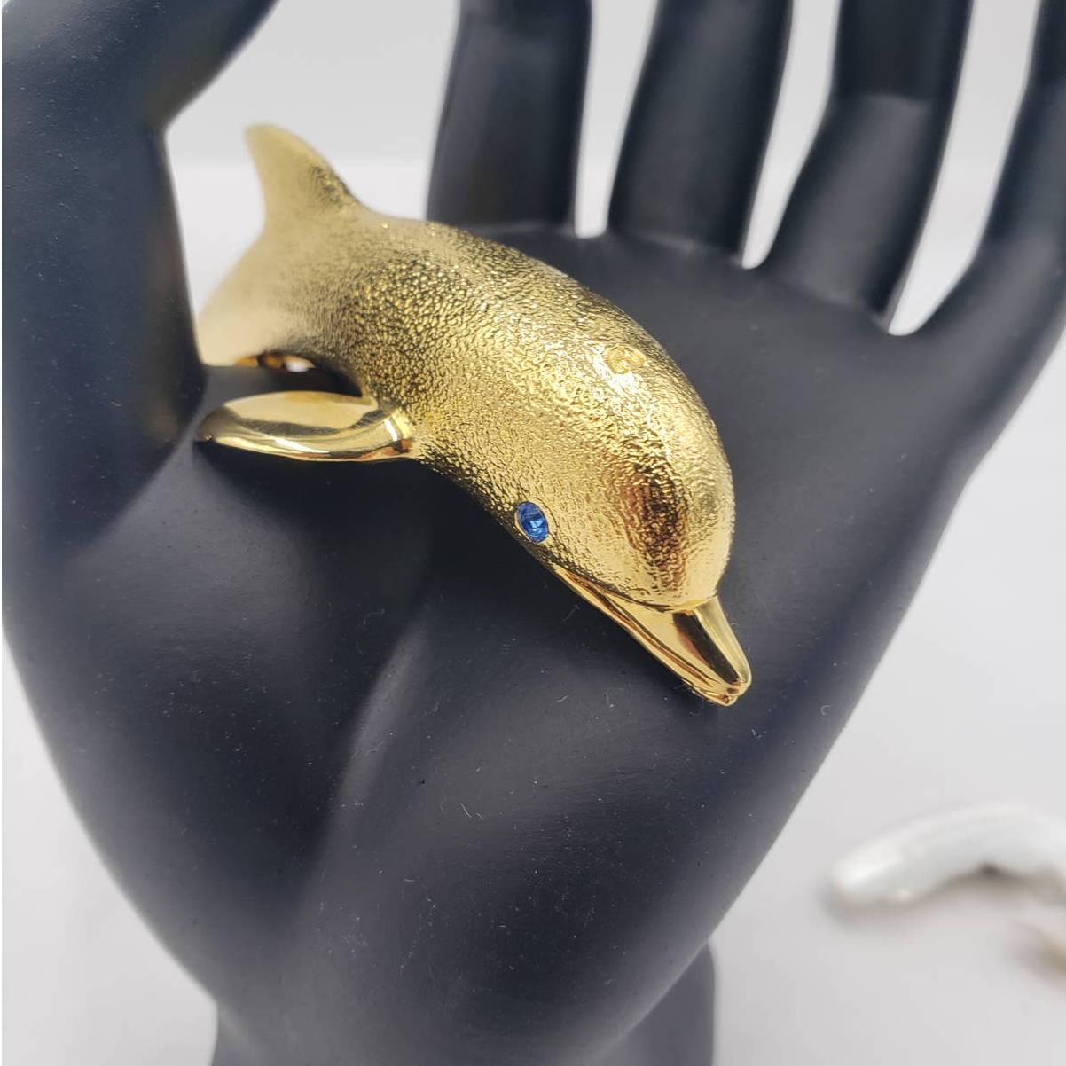 Vintage Large Dolphin Gold Jumping Sapphire Eyes Rhinestone Brooch and Whale Pin