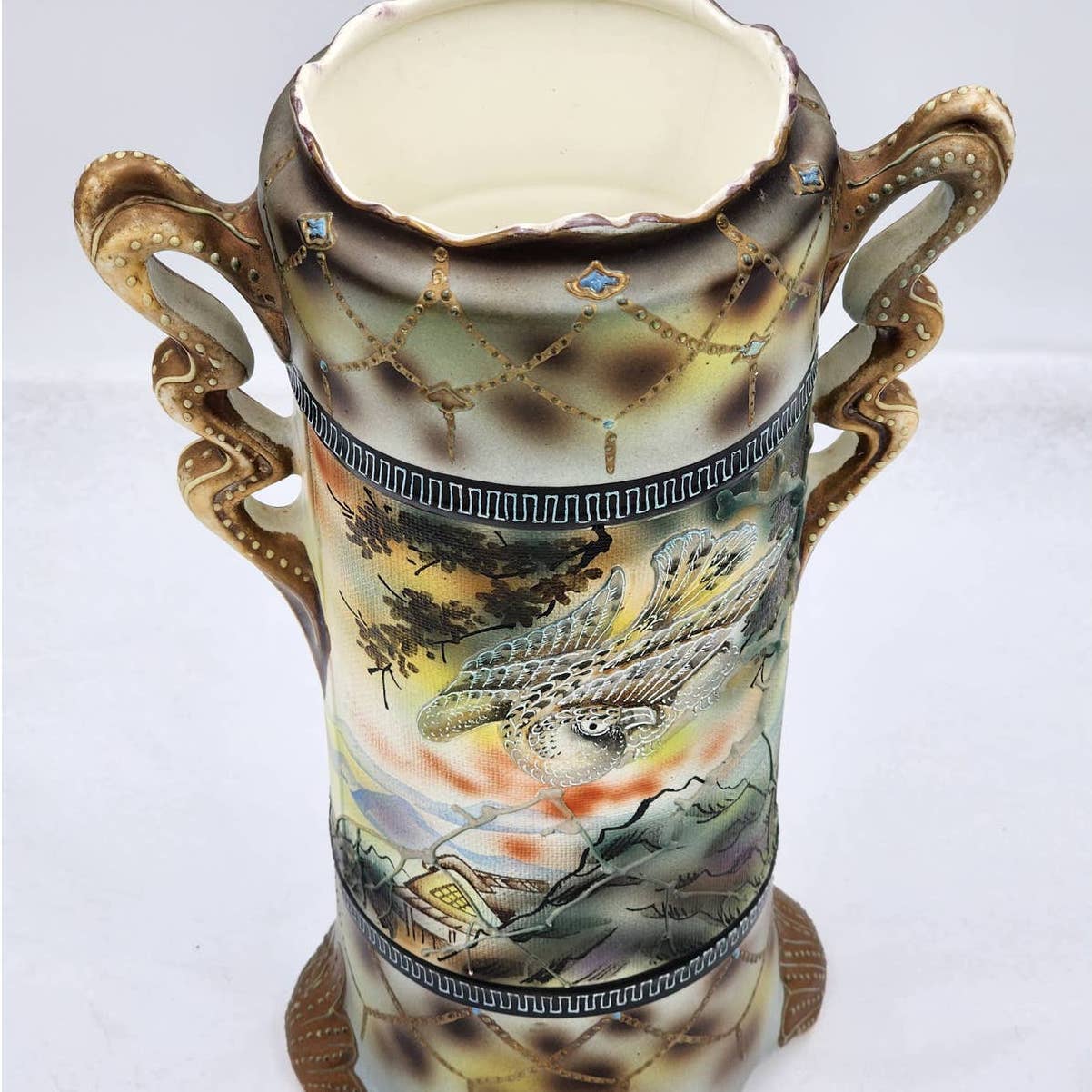 Antique Royal Nishiki Nippon Tapestry Moriage Bead Hawk Bird Vase Gold Gilding