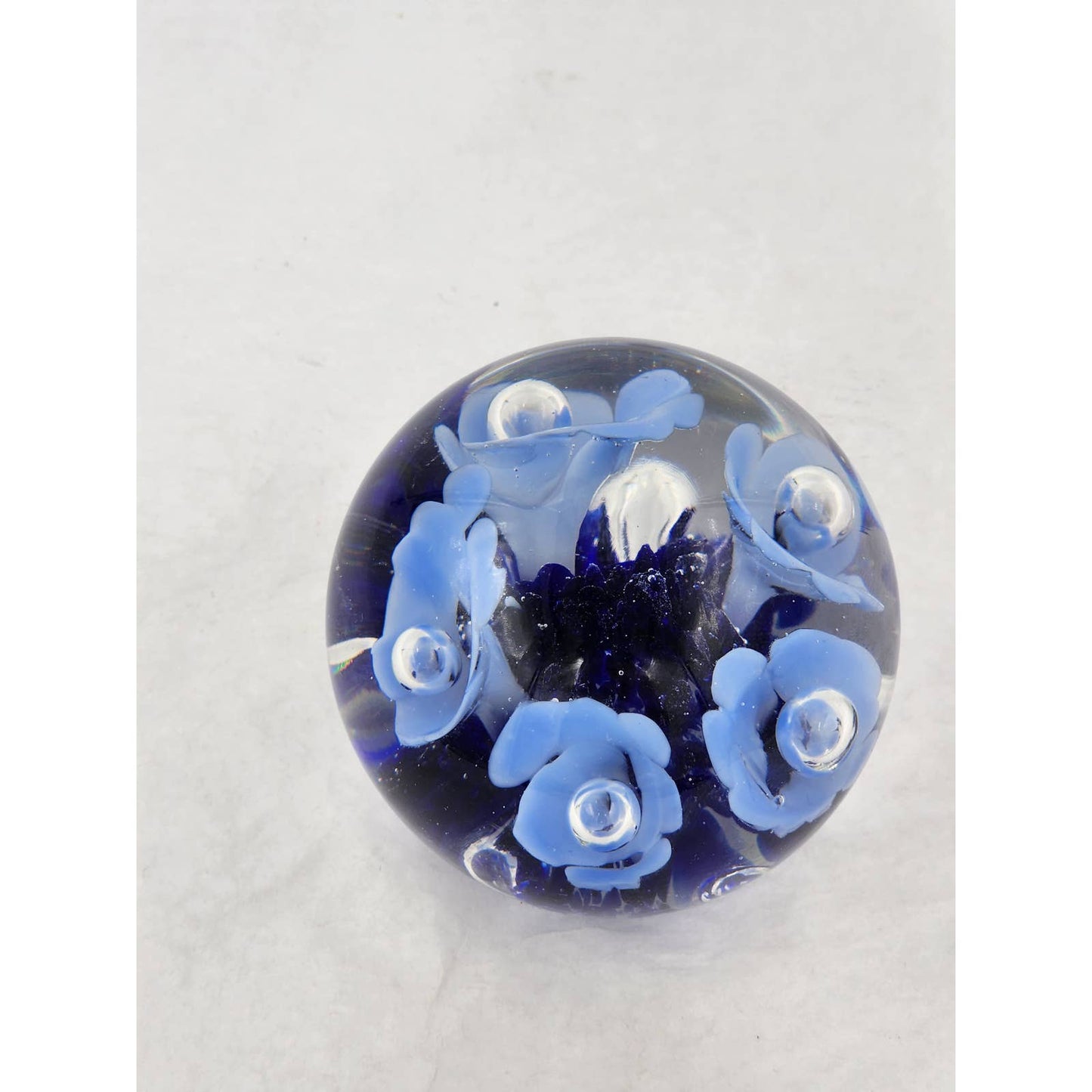 St Clair Paperweight Glass Vintage 1983 Art Glass Blue Floral Trumpet Flowers Signed Maude and Bob 3"