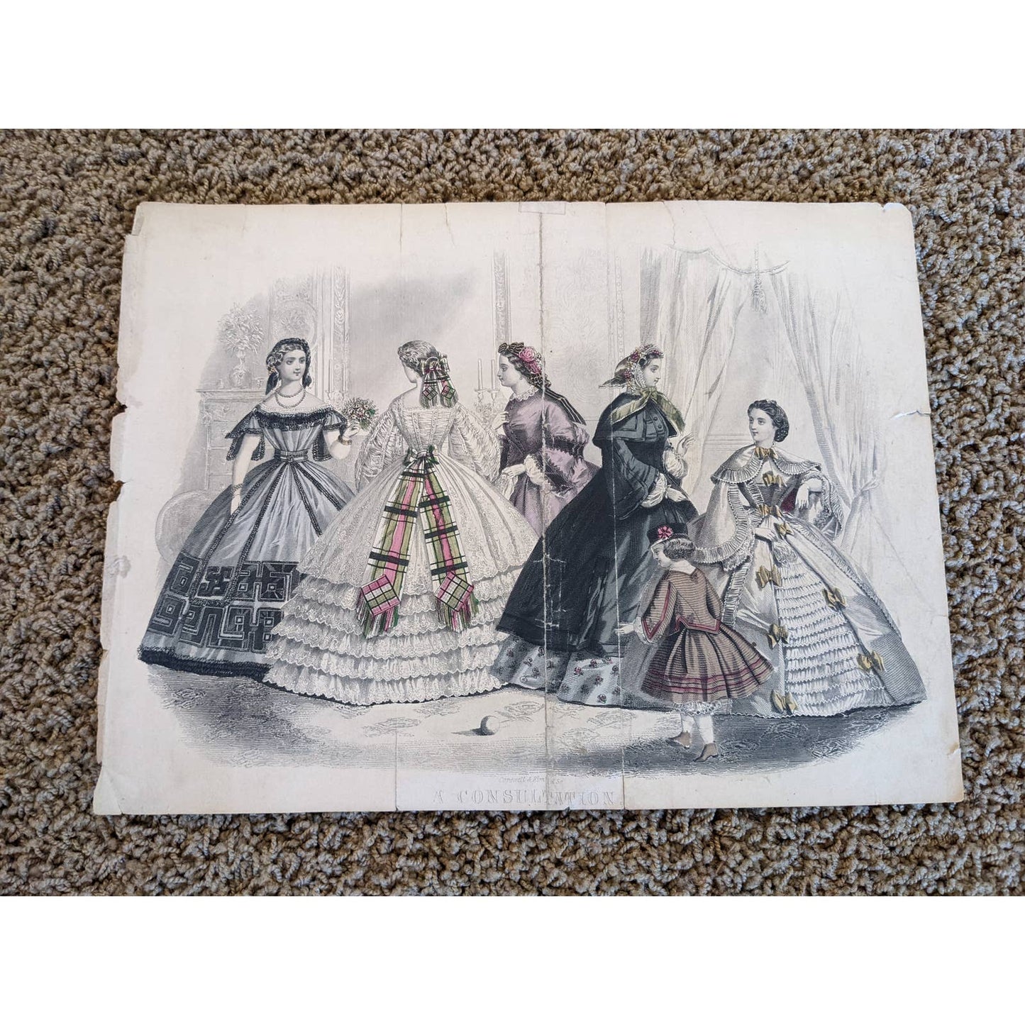 Antique Godey's Victorian Rare Hand Colored Fashion Plate Print A Consultation