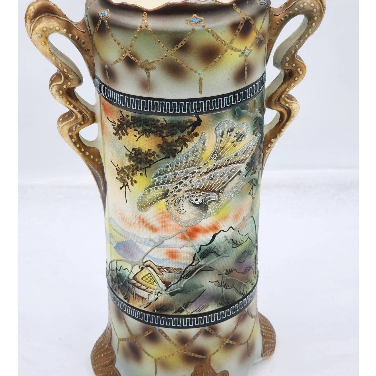 Antique Royal Nishiki Nippon Tapestry Moriage Bead Hawk Bird Vase Gold Gilding