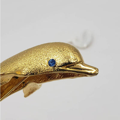 Vintage Large Dolphin Gold Jumping Sapphire Eyes Rhinestone Brooch and Whale Pin