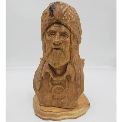 Vintage Wood Carved Trapper Man Bearded Bust Sculpture Wood Carving 13" Tall