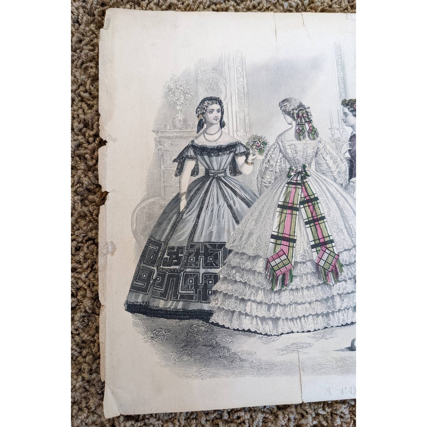 Antique Godey's Victorian Rare Hand Colored Fashion Plate Print A Consultation