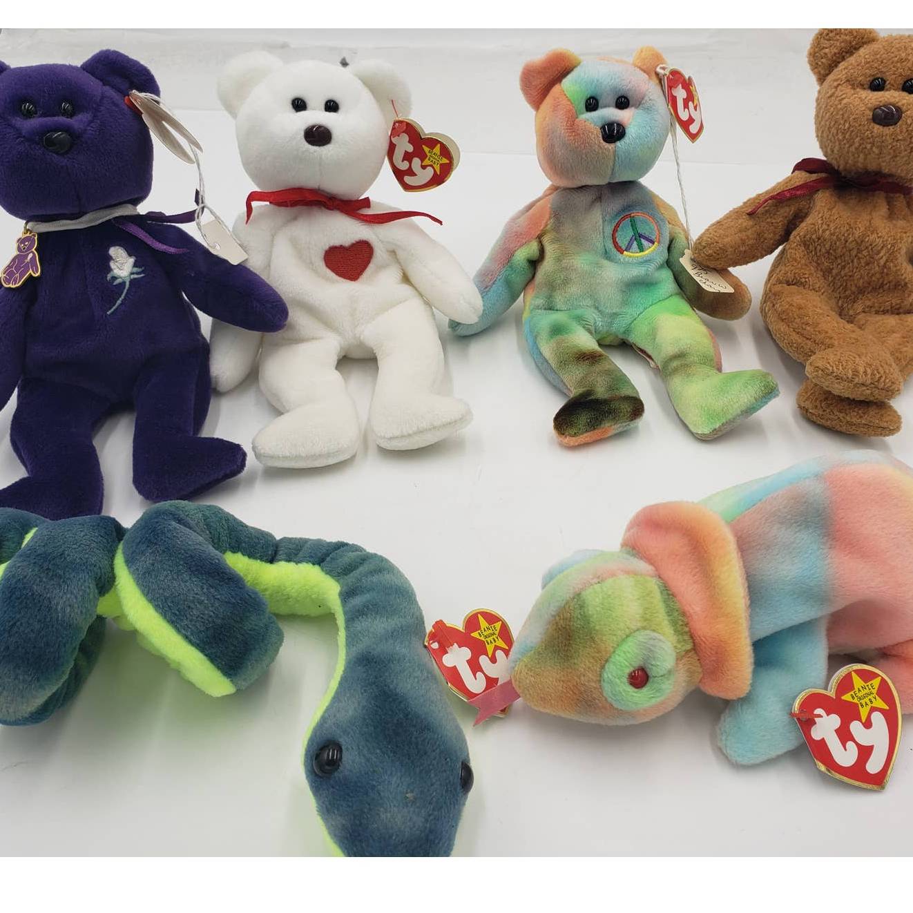 Beanie Baby Rare Lot w/Errors: Princess, Curly, Hissy, Valentino, Peace, Rainbow