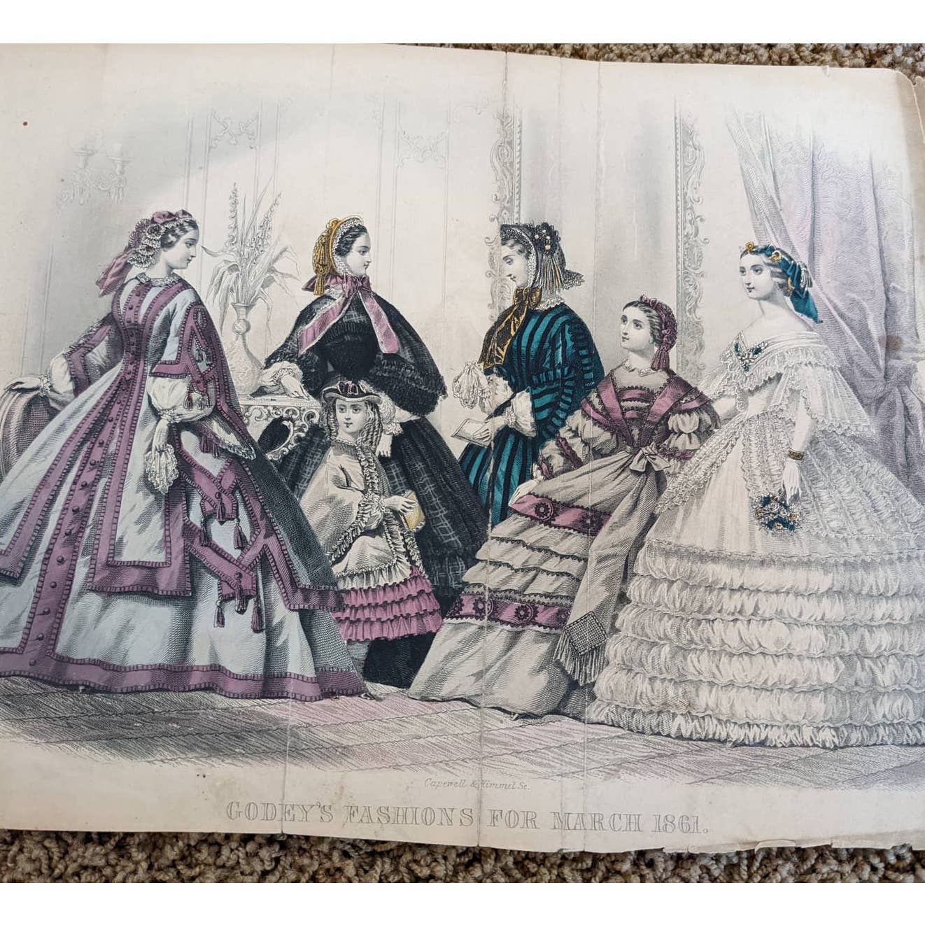 Antique Godey's Victorian Rare Hand Colored Fashion Book Plate Print March 1861