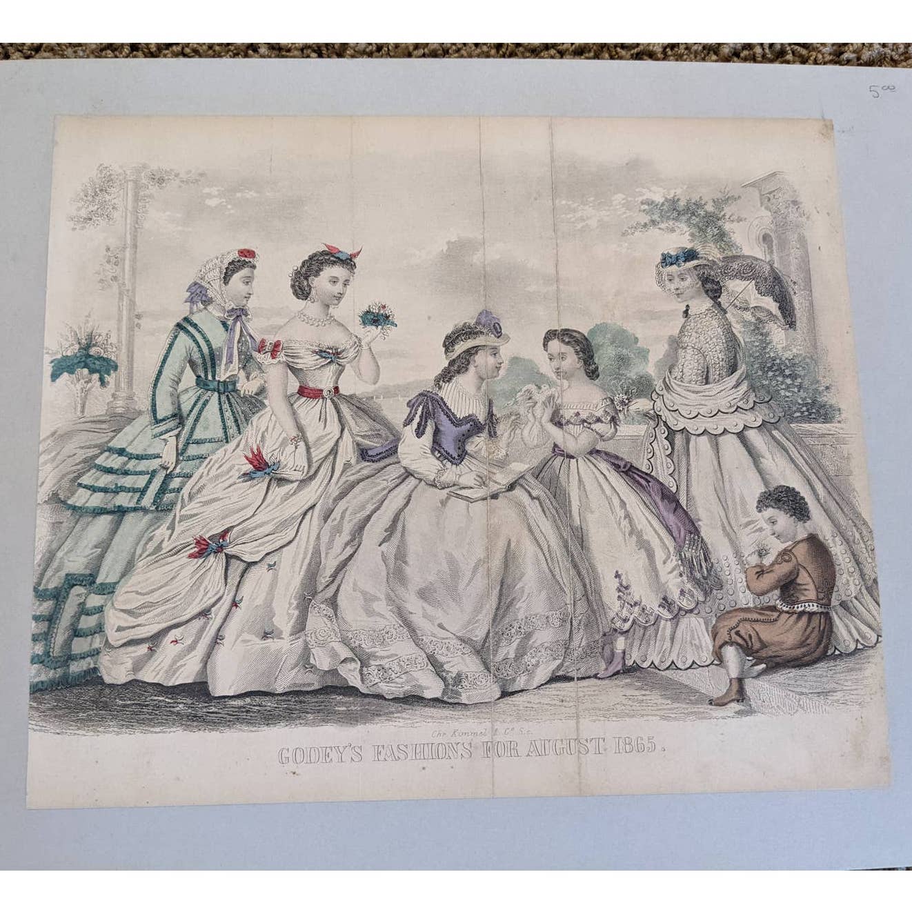 Antique Godey's Victorian Rare Hand Colored Fashion Book Plate Print August 1865