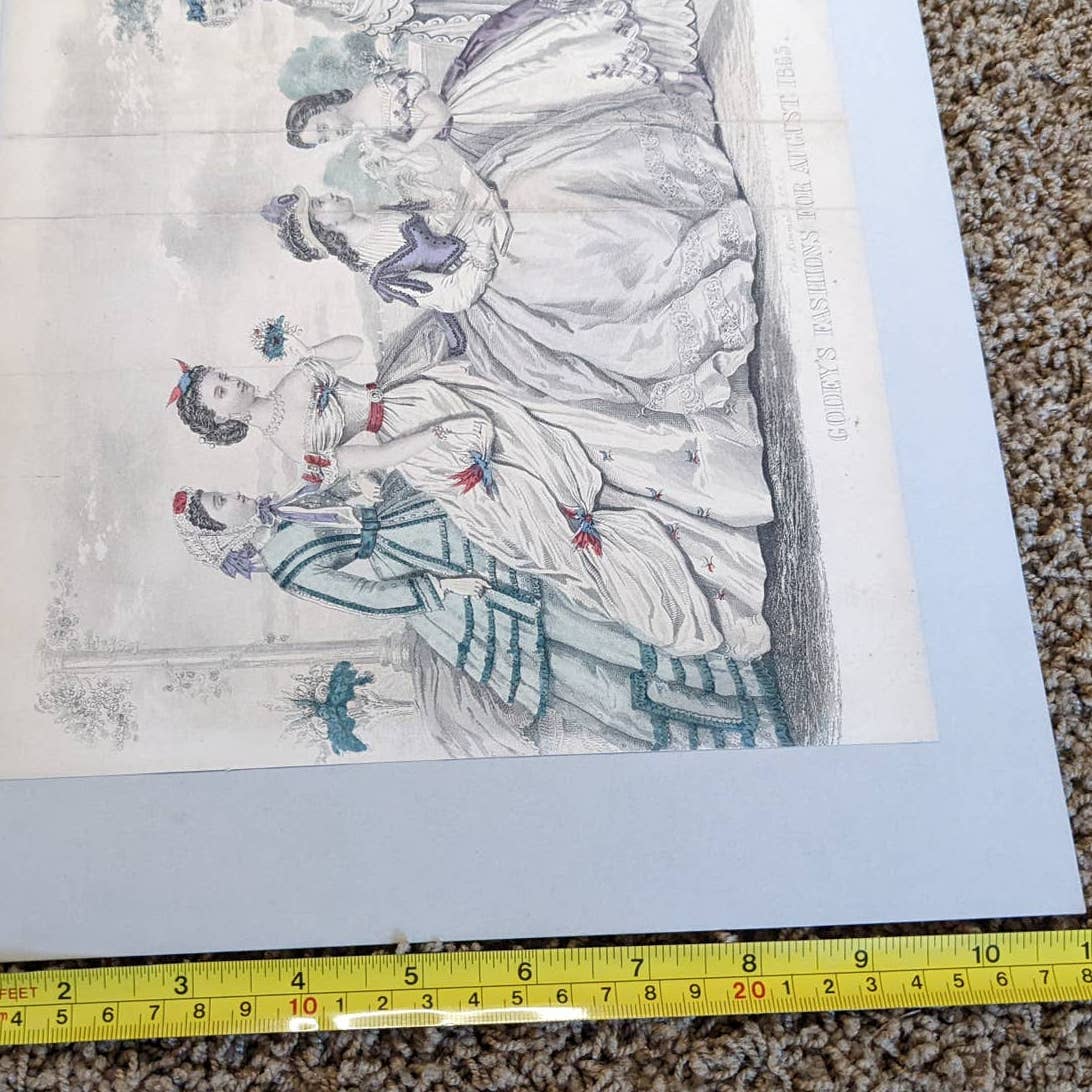 Antique Godey's Victorian Rare Hand Colored Fashion Book Plate Print August 1865