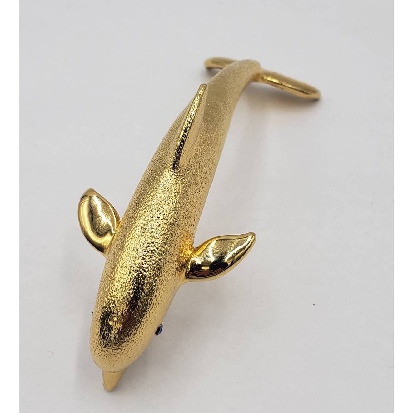 Vintage Large Dolphin Gold Jumping Sapphire Eyes Rhinestone Brooch and Whale Pin