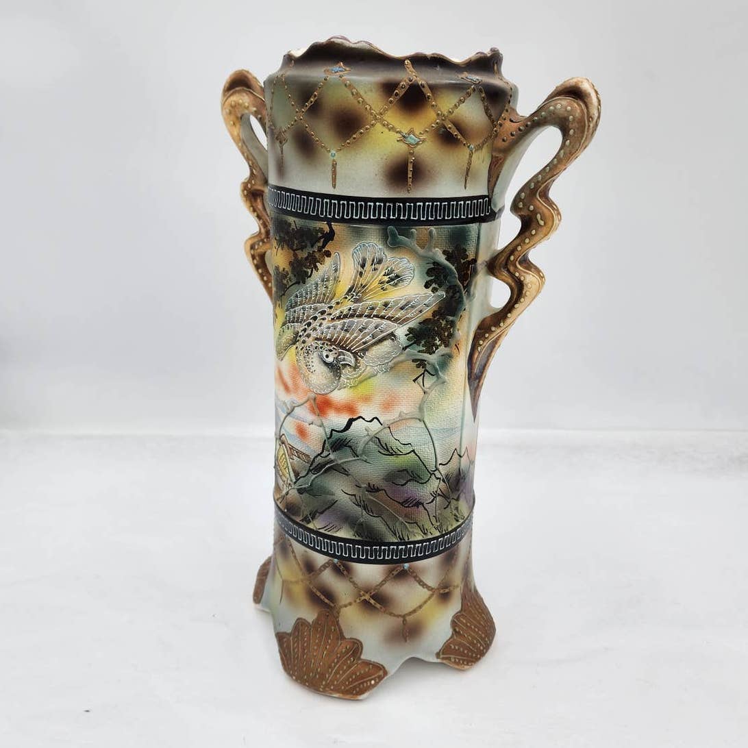 Antique Royal Nishiki Nippon Tapestry Moriage Bead Hawk Bird Vase Gold Gilding