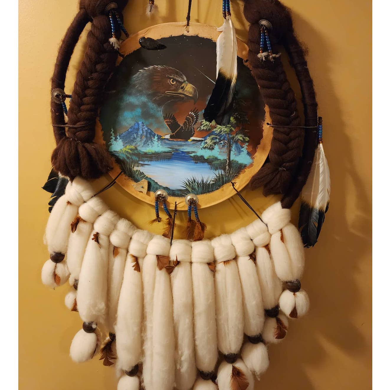 Large Native American Style Dream Catcher 47" Signed Feathers Wool Beaded Eagle