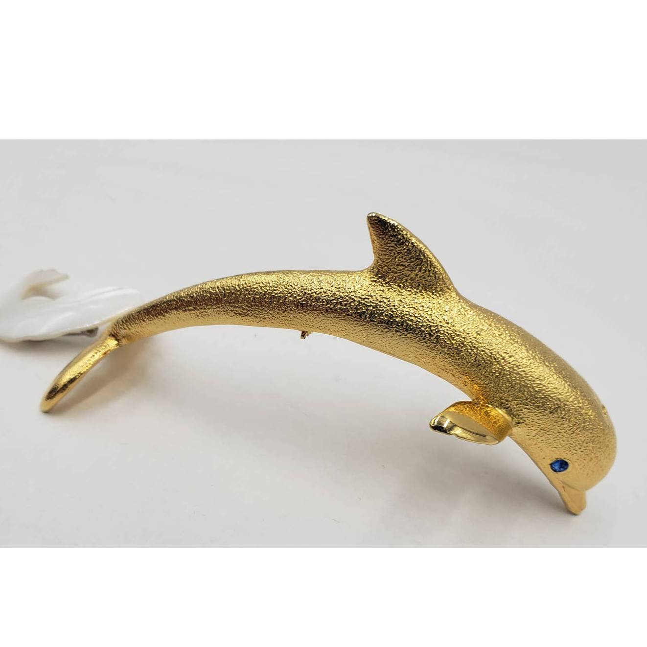 Vintage Large Dolphin Gold Jumping Sapphire Eyes Rhinestone Brooch and Whale Pin