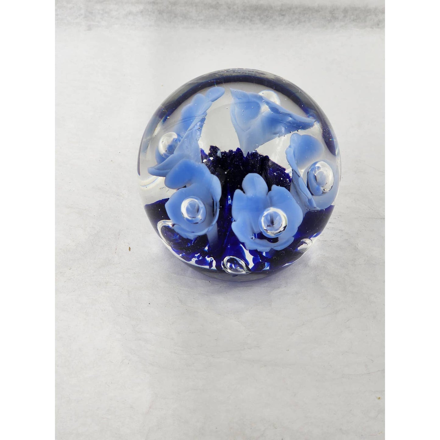 St Clair Paperweight Glass Vintage 1983 Art Glass Blue Floral Trumpet Flowers Signed Maude and Bob 3"