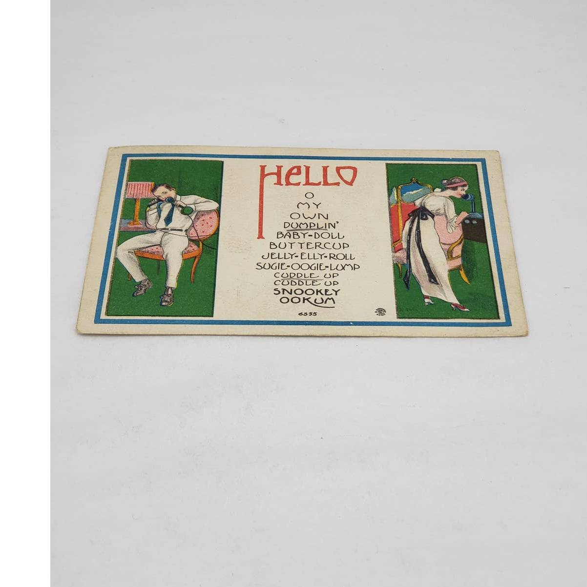 c1914 Hello My Dumplin 1920s Couple Phone Call Flirting Romance Antique Postcard