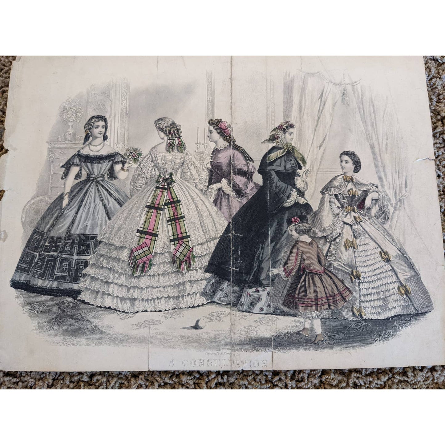 Antique Godey's Victorian Rare Hand Colored Fashion Plate Print A Consultation