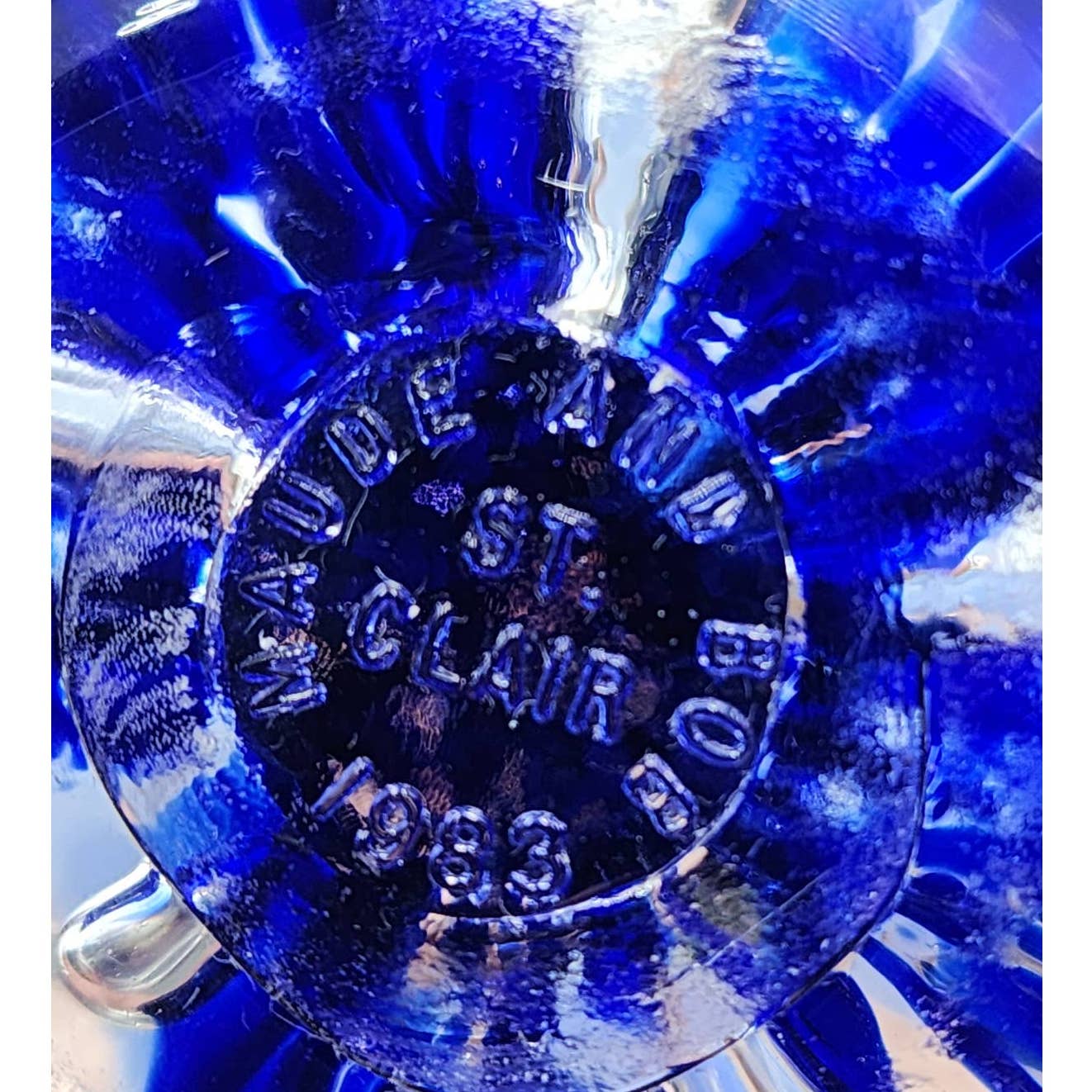 St Clair Paperweight Glass Vintage 1983 Art Glass Blue Floral Trumpet Flowers Signed Maude and Bob 3"