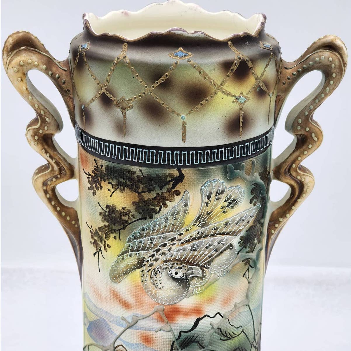 Antique Royal Nishiki Nippon Tapestry Moriage Bead Hawk Bird Vase Gold Gilding