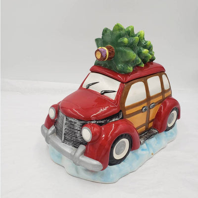 VTG Red Woody Station Wagon Cookie Jar w/Christmas Tree Roof Cover Holiday Time