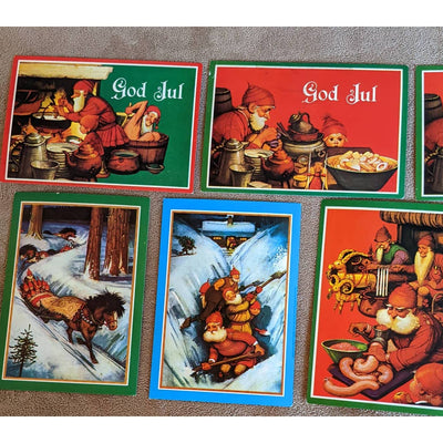 Vintage Gerhards "God Jul" Lot 6 Postcards Christmas Elves Shoveling, Toymaking