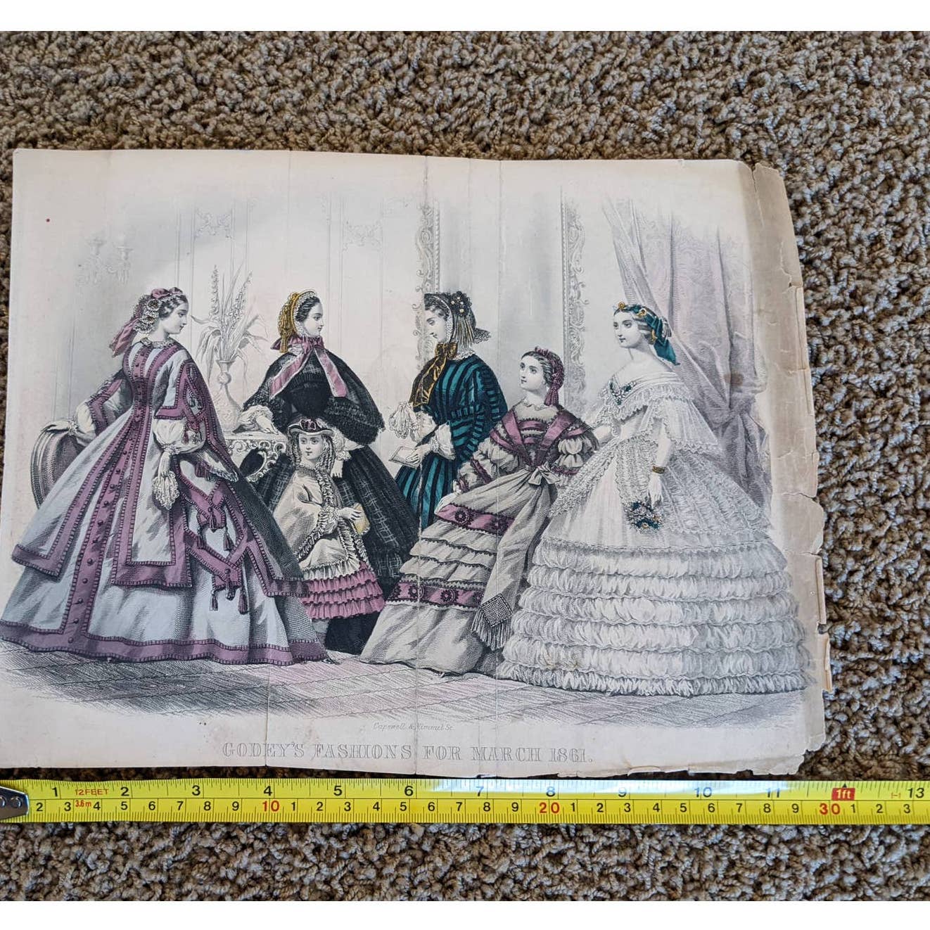 Antique Godey's Victorian Rare Hand Colored Fashion Book Plate Print March 1861