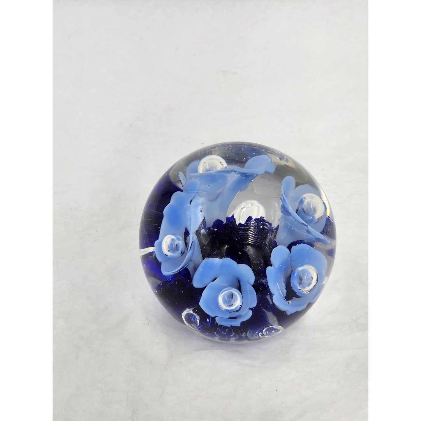 St Clair Paperweight Glass Vintage 1983 Art Glass Blue Floral Trumpet Flowers Signed Maude and Bob 3"