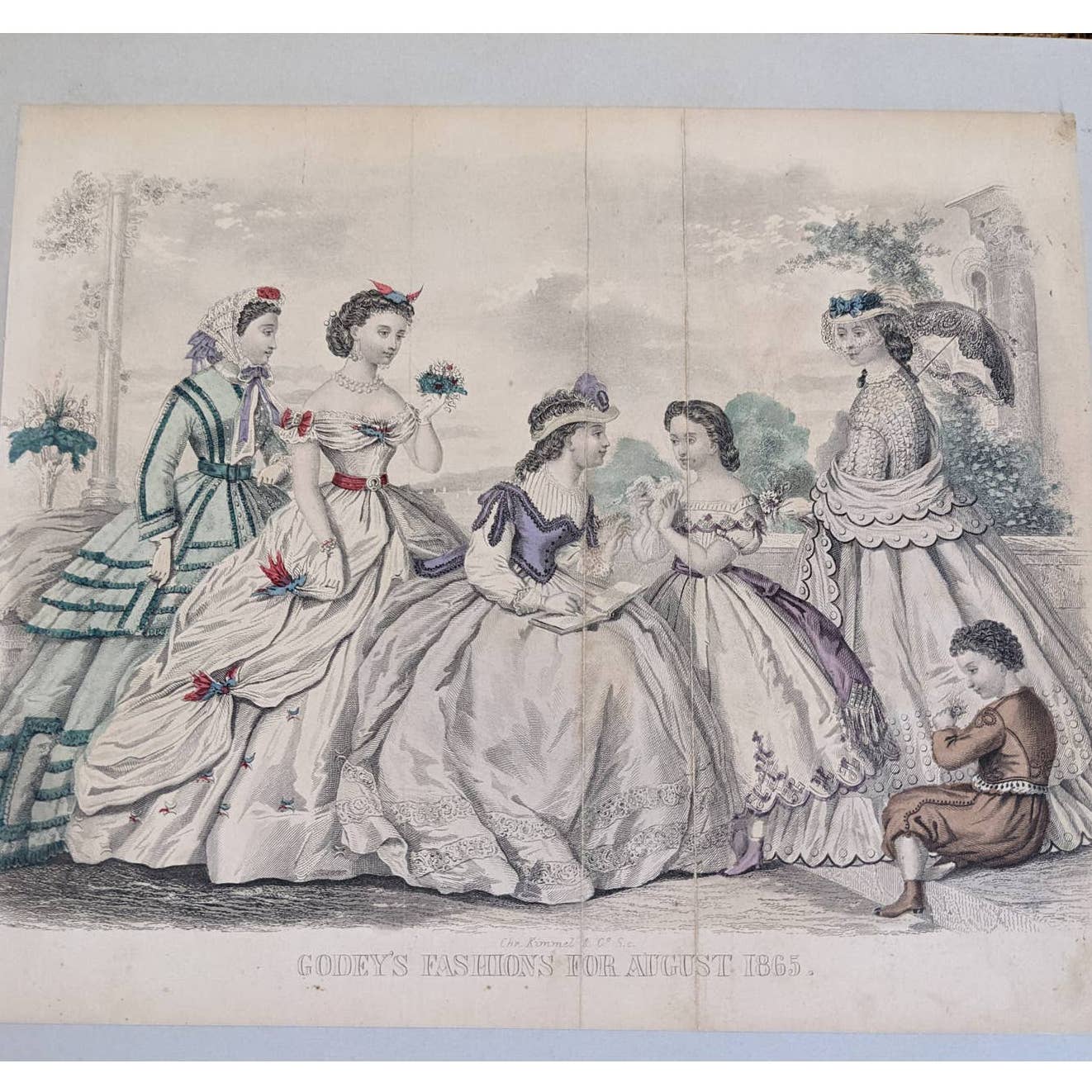 Antique Godey's Victorian Rare Hand Colored Fashion Book Plate Print August 1865