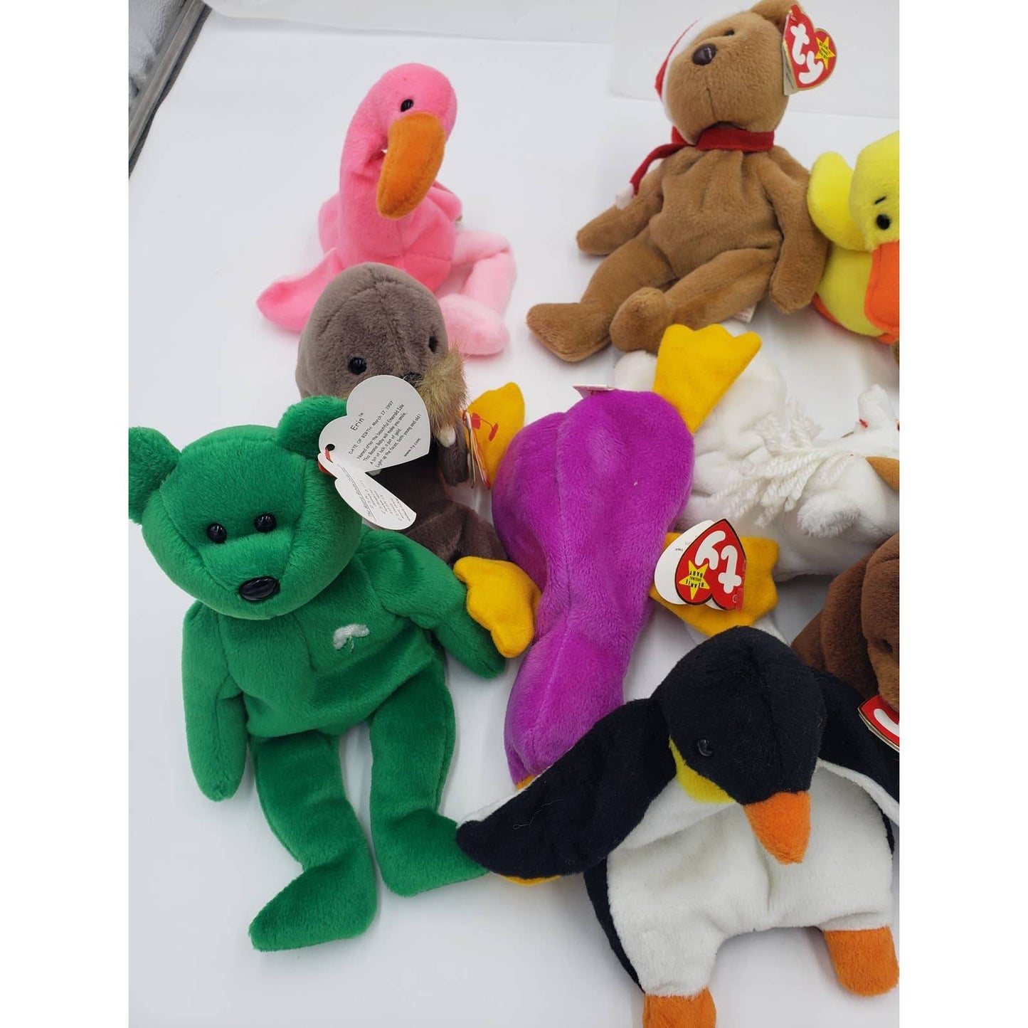 Ty Beanie Baby Lot 11: Patti, Claude, Quackers, Teddy, Waddle, Erin, Seaweed