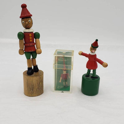 VTG Pinocchio Lot of 3 W/2 Wooden Pinocchio Collapsible Push Thumb and Ornament