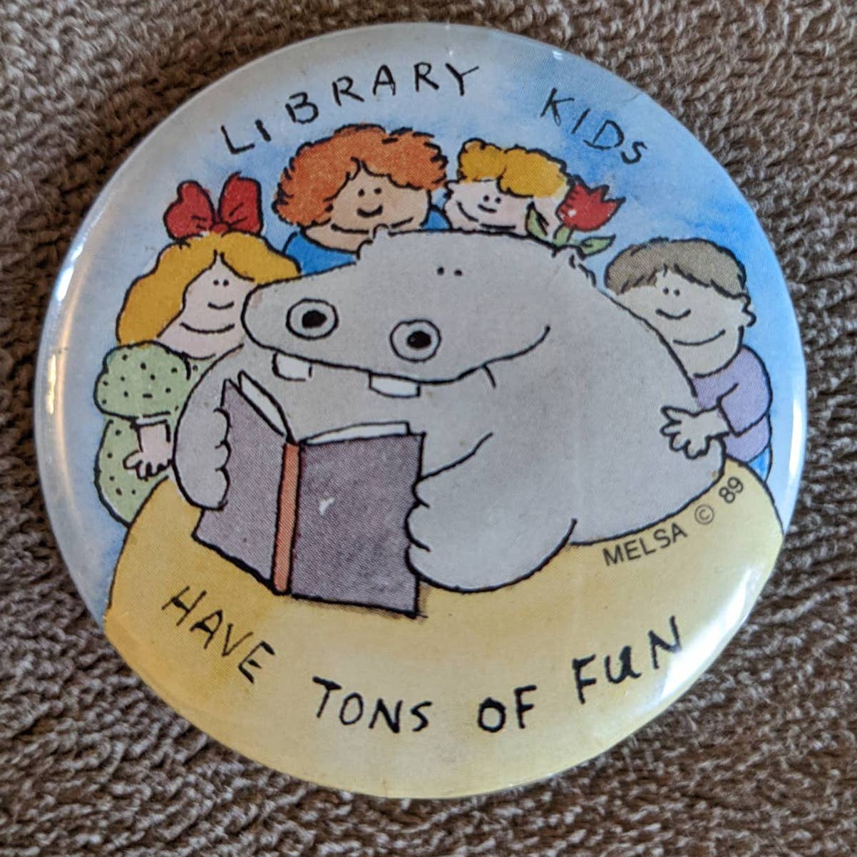 Vintage Library Reading Pinback Melsa Library Kids Have Tons Of Fun Pin Button