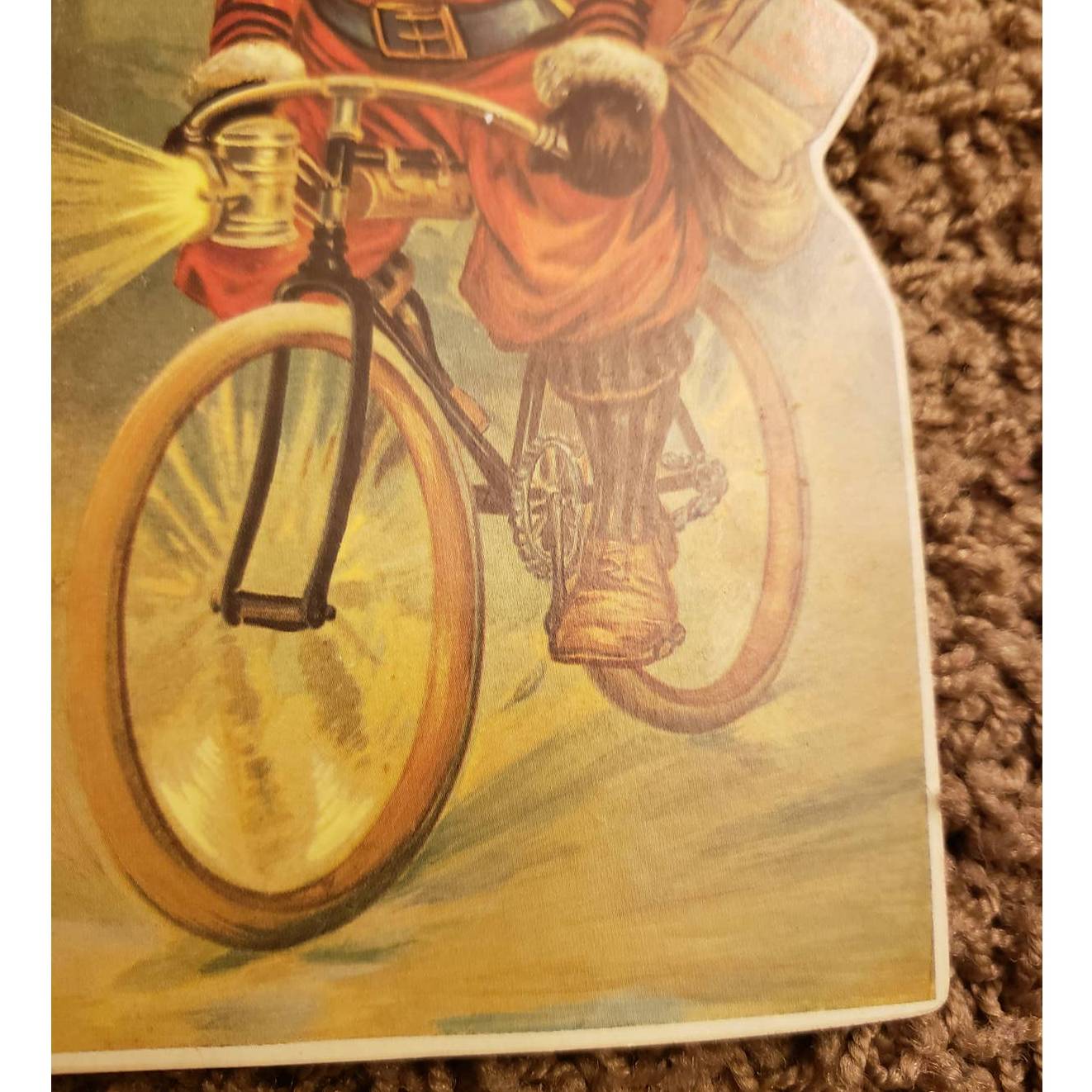 Vintage 1985 Merrimack Santa Bicycle Christmas Die Cut Hanging Card Ornament