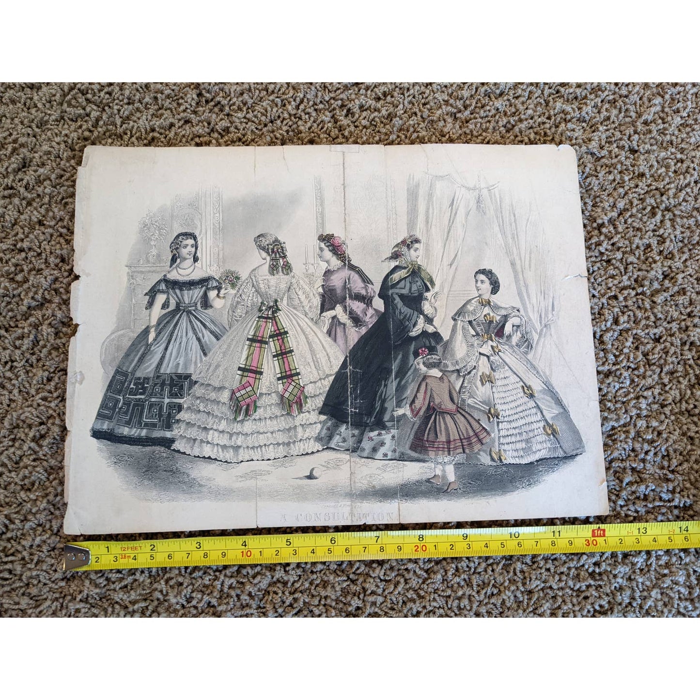 Antique Godey's Victorian Rare Hand Colored Fashion Plate Print A Consultation