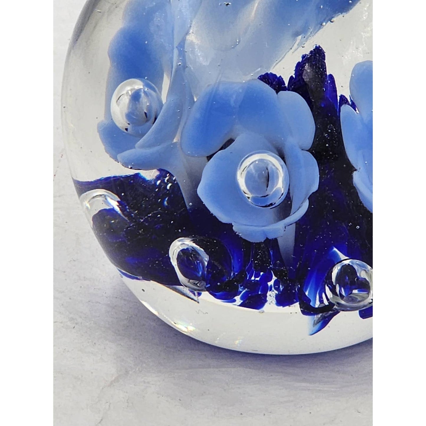 St Clair Paperweight Glass Vintage 1983 Art Glass Blue Floral Trumpet Flowers Signed Maude and Bob 3"