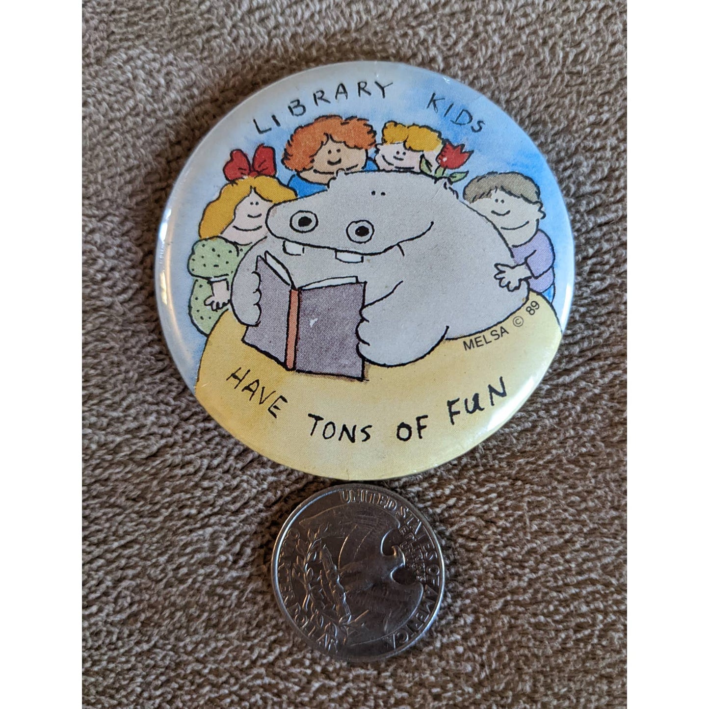 Vintage Library Reading Pinback Melsa Library Kids Have Tons Of Fun Pin Button