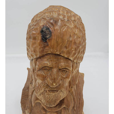 Vintage Wood Carved Trapper Man Bearded Bust Sculpture Wood Carving 13" Tall