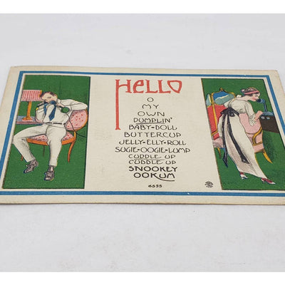 c1914 Hello My Dumplin 1920s Couple Phone Call Flirting Romance Antique Postcard