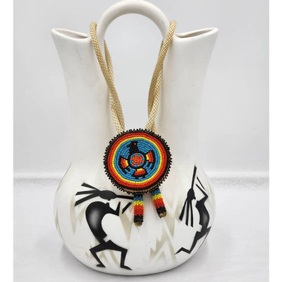 Vintage Native American Style Southwestern Pottery Kokopelli Wedding Vase Folk Art Rope Beaded Medallion Signed