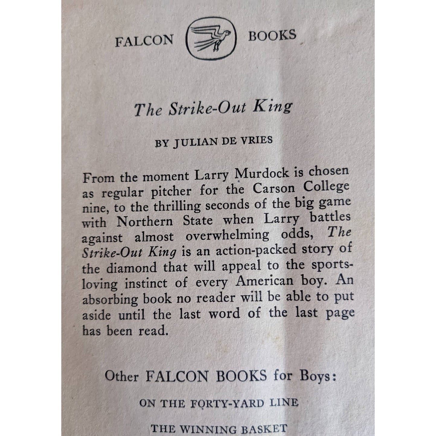 1948 The Strike-Out By King Julian De Vries Falcon Books Baseball