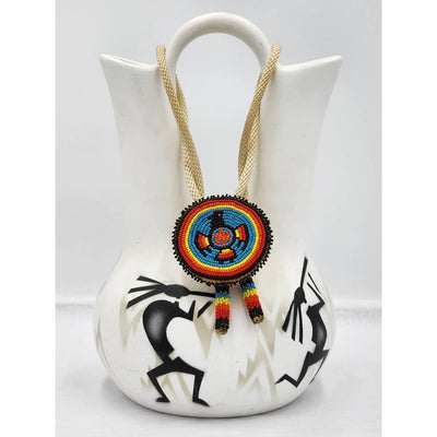 Vintage Native American Style Southwestern Pottery Kokopelli Wedding Vase Folk Art Rope Beaded Medallion Signed