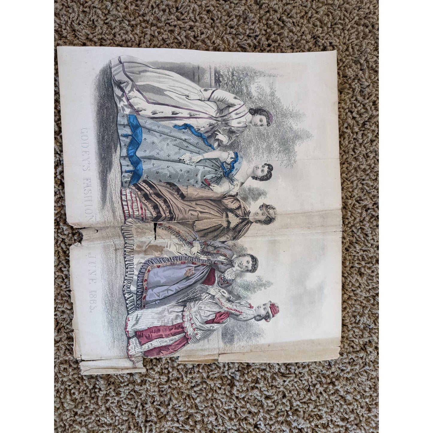 Antique Godey's Victorian Rare Hand Colored Fashion Book Plate Print June 1865