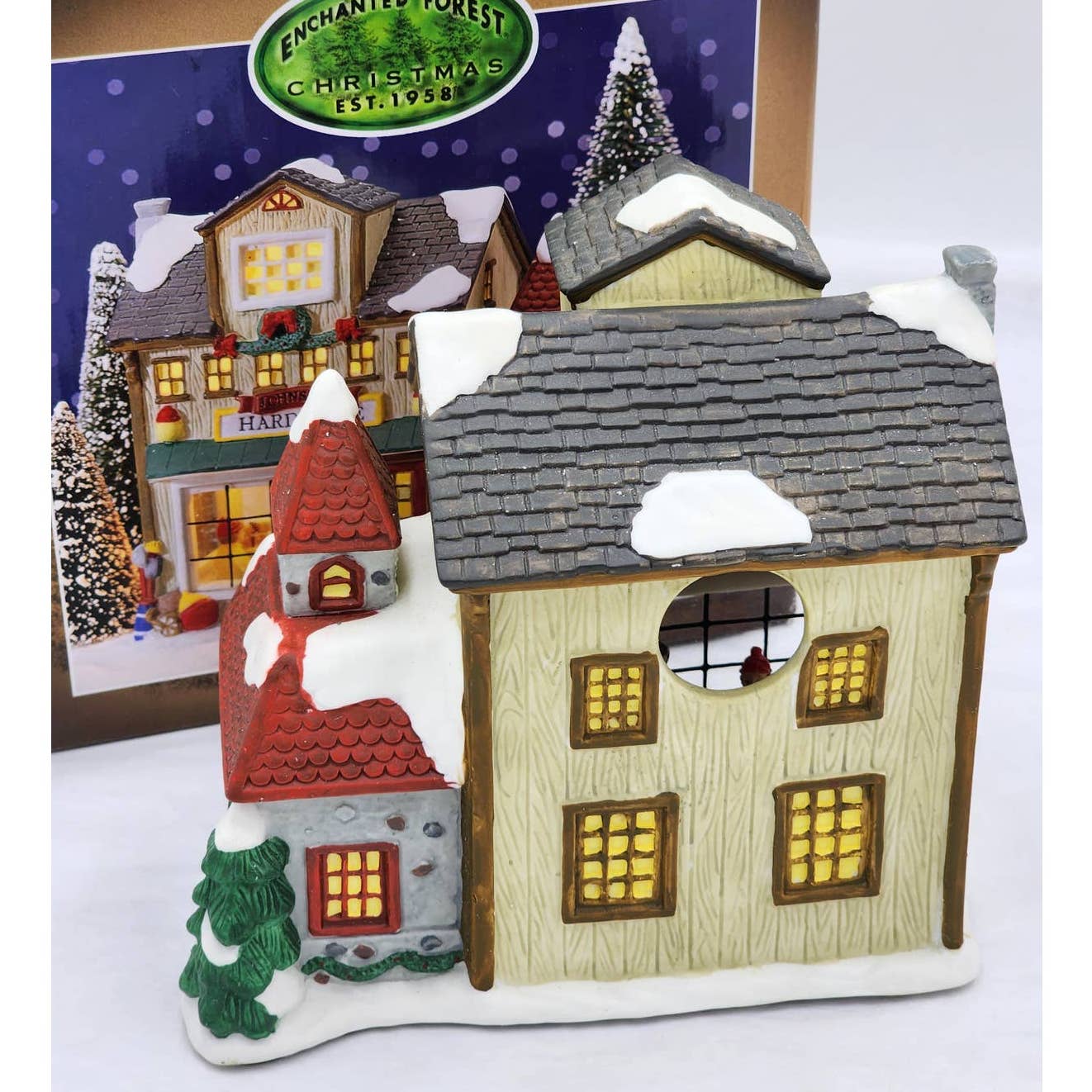 Christmas Village Enchanted Forest Porcelain Glass Window House Figurines Mail