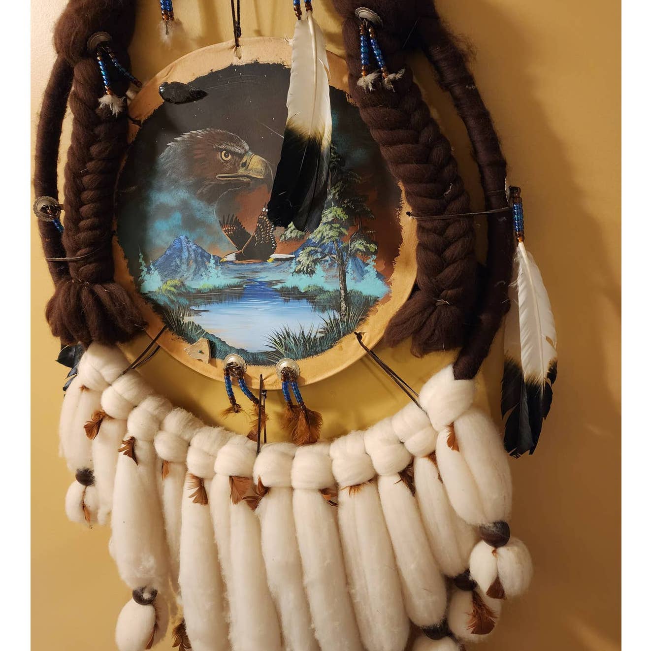 Large Native American Style Dream Catcher 47" Signed Feathers Wool Beaded Eagle