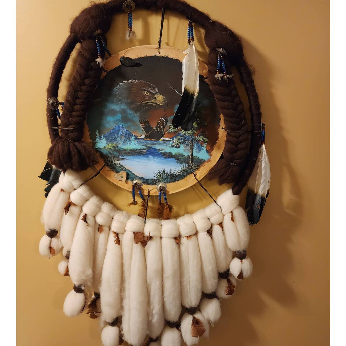 Large Native American Style Dream Catcher 47" Signed Feathers Wool Beaded Eagle