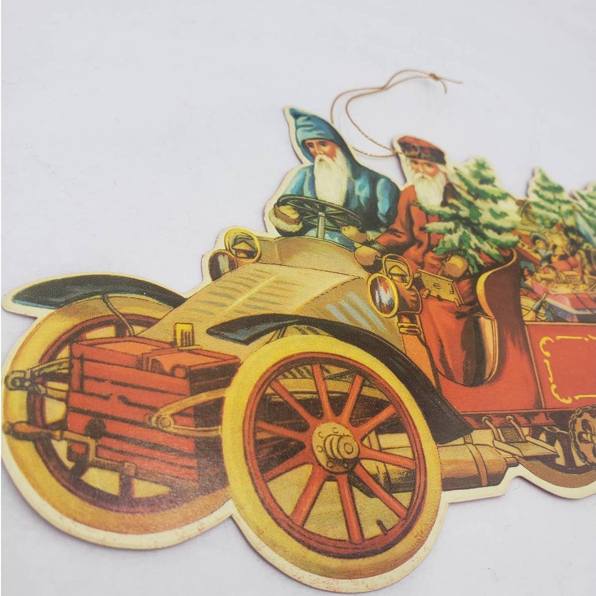 Vintage 1985 Merrimack Santa Vehicle Christmas Die Cut Hanging Card Ornament