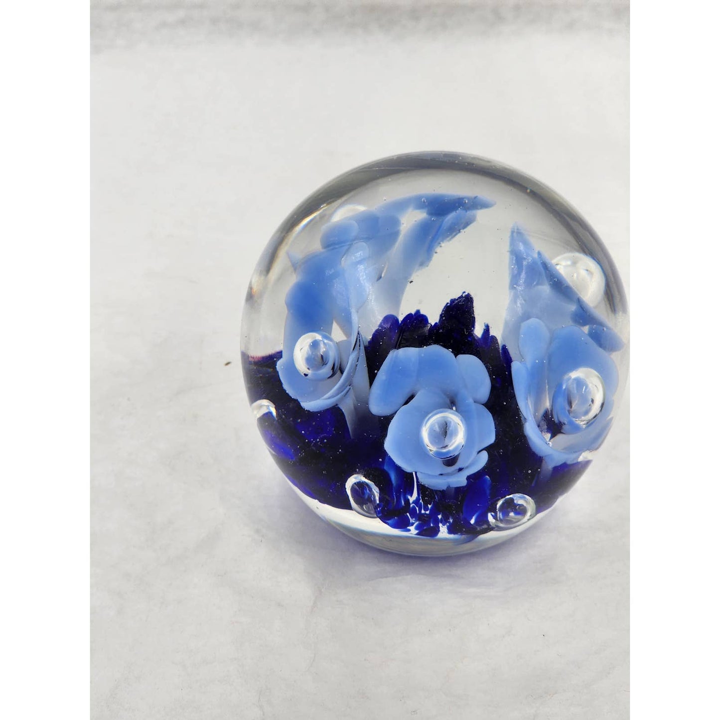 St Clair Paperweight Glass Vintage 1983 Art Glass Blue Floral Trumpet Flowers Signed Maude and Bob 3"