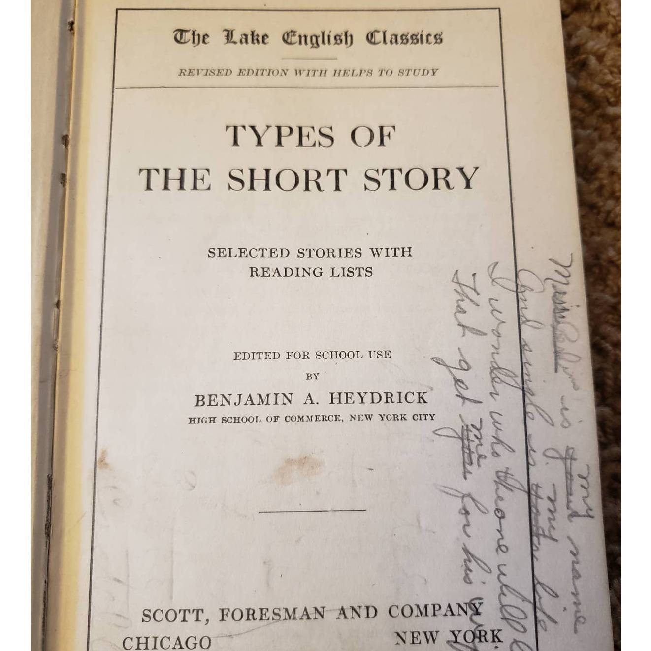 1913 The Lake English Classics Types of the Short Story by Heydrick