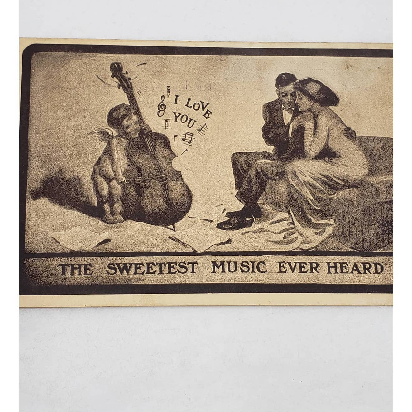 c1919 Romance Love Sweetest Music Ever Heard Couple Cherub Antique Postcard