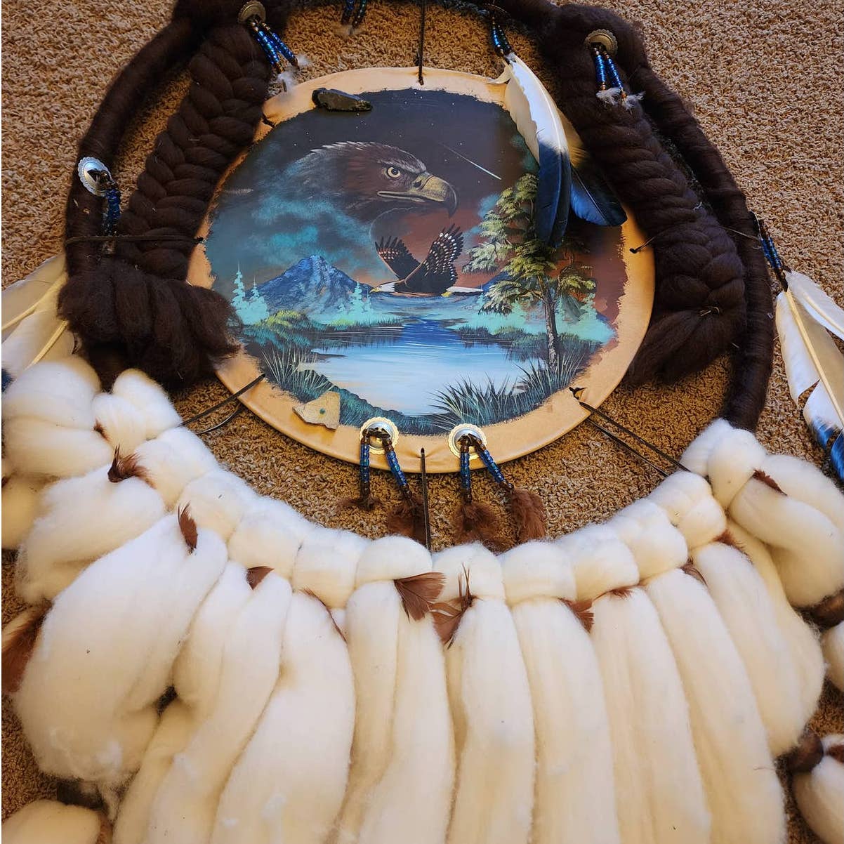 Large Native American Style Dream Catcher 47" Signed Feathers Wool Beaded Eagle